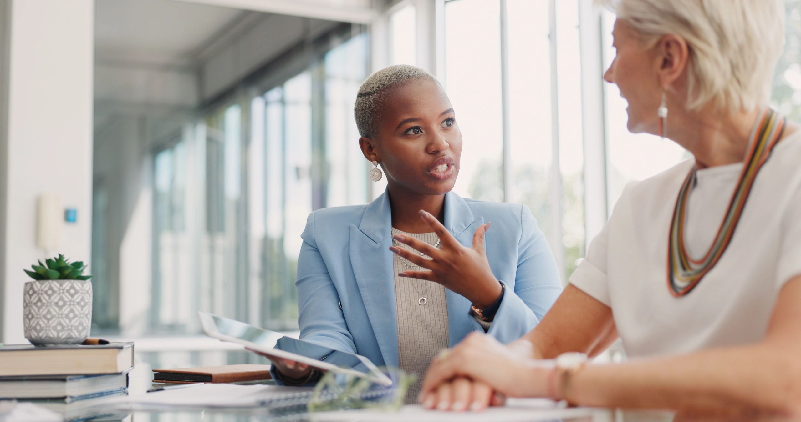 Two professional women in conversation